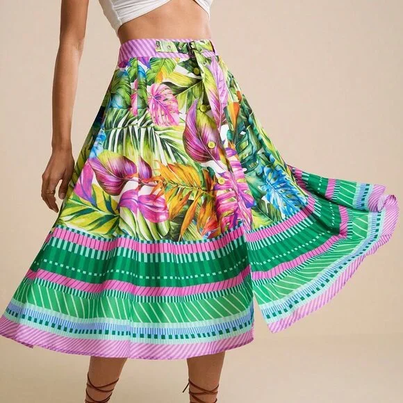 Green Boho Women's Tropical Watercolor Palm Leaf A-Line Midi Skirt