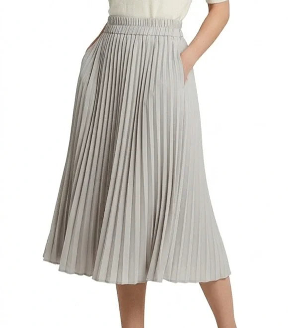 Urban Coco Pleated Midi Skirt Gray Large L Elastic Waist Accordium A-Line Pocket