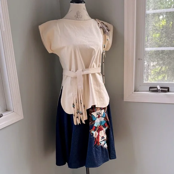 Native American appliqué Jean midi skirt with feather faux suede tunic EVC small