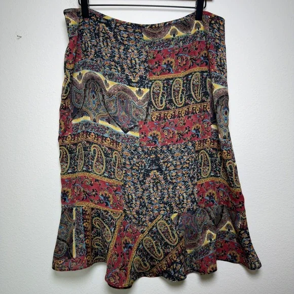VTG 90s Women Indie Fairy Midi Skirt 14 Multicolor Paisley Patchwork Ruffle Boho