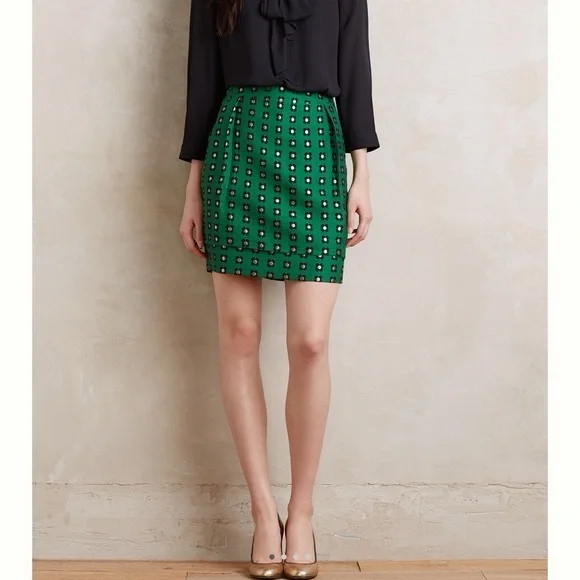 ANTHROPOLOGIE + HD in Paris Green & Gold Patterned Mini Skirt