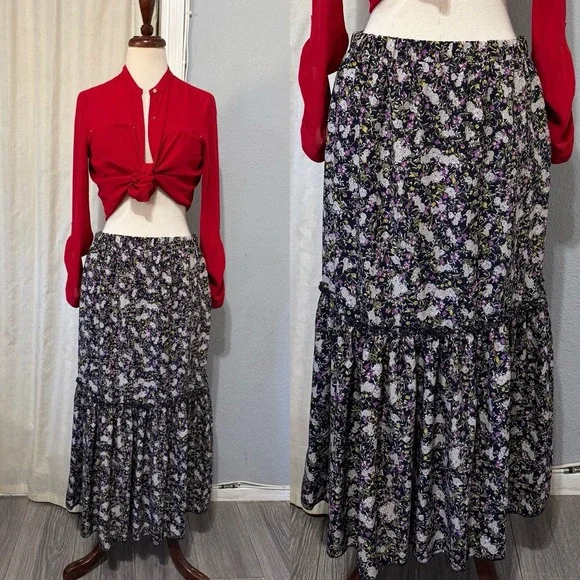 Cottagecore Metrowear Women's Midi Skirt Sz M Floral Lined Tiered Elastic‎ Waist