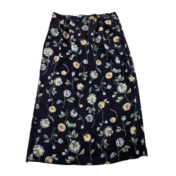Floral Midi Skirt Elastic‎ Waist Navy Blue Vintage 34 Large Cottagecore Spring