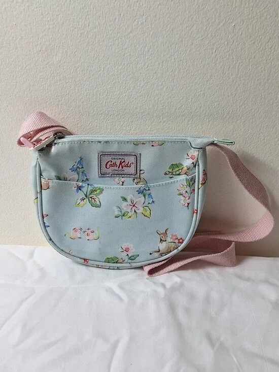 Cath Kidston Light Blue Floral Kids Crossbody Bag with Pink Strap