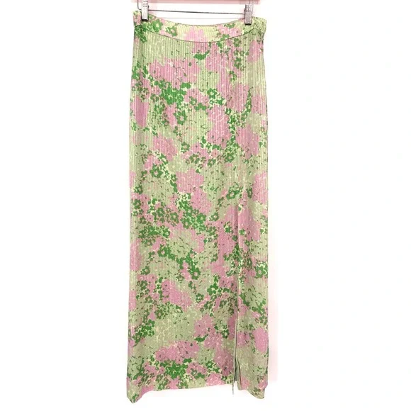 Stunning Etcetera Forget Me Not Silk Floral‎ Metallic Pleated Maxi Skirt Size 2
