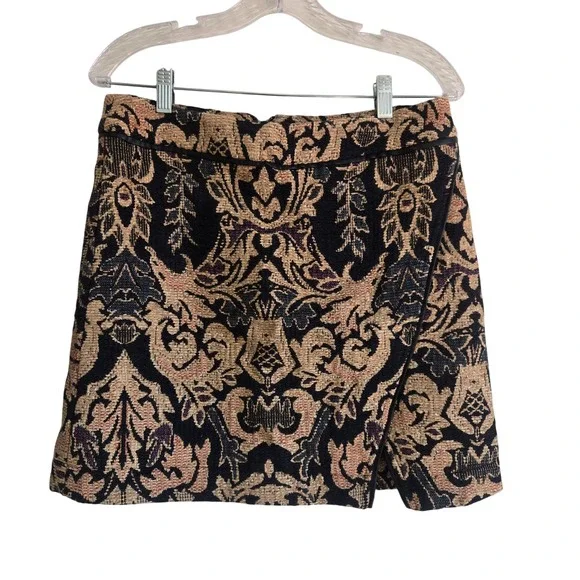 Free People‎ 8 Mini Skirt Women Gold Black Tapestry Damask Wrap Front Excellent
