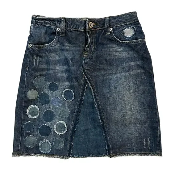 Y2K Mudd Jeans Raw Hem Straight Denim Skirt Womens Jrs Size 5 DIY Patches Indie