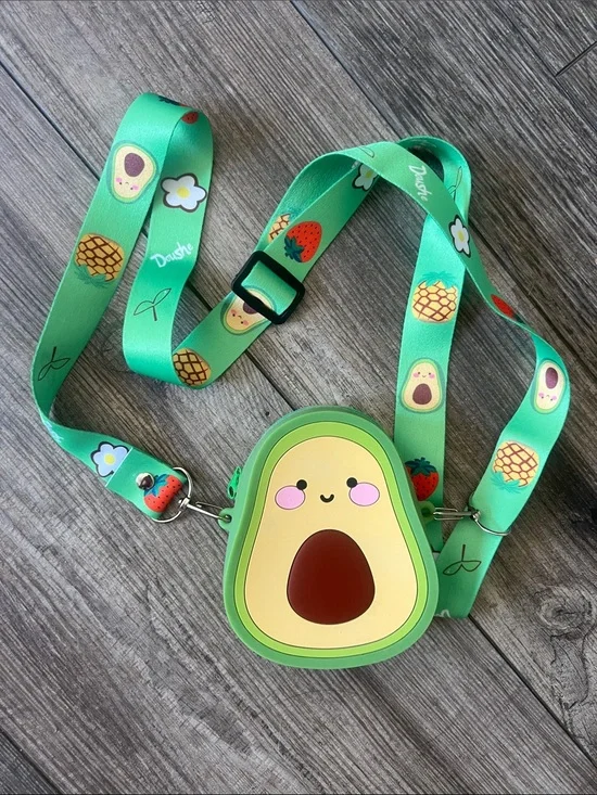 Kids Green Avocado Crossbody Bag with Fruit Print Strap