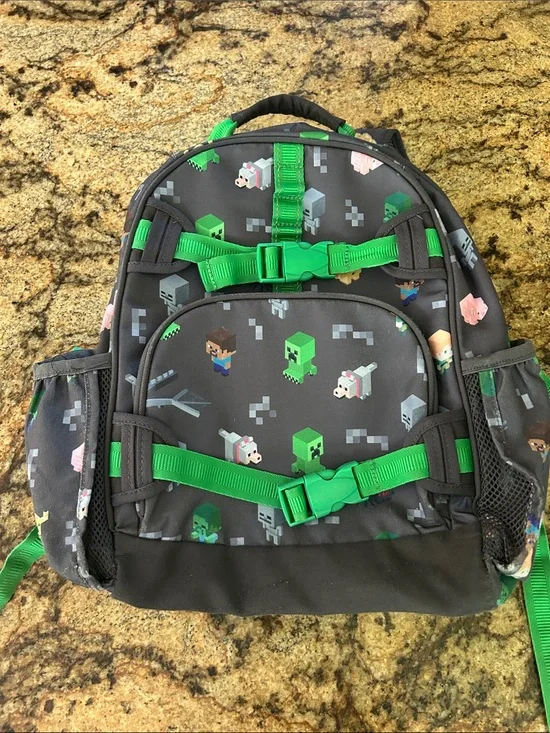 Pottery Barn Kids Minecraft-Style Gray Backpack with Green Accents