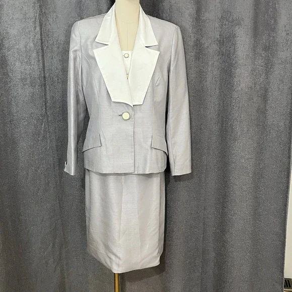 Karon Lorrance Women's Sz 10 Silver 3PC Skirt Suit‎ Set 80s Chic Mother of Bride