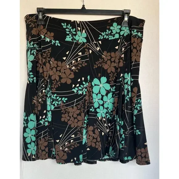 Apt 9 Black Brown Teal Floral A-Line Knee Length‎ Flare Skirt Petite PXL