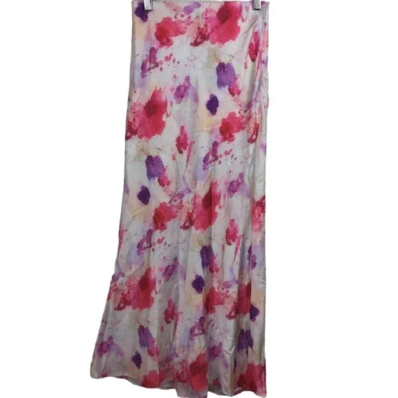 Lulu's Womens Satin Tie-Dye Splatter Side Zip Long Maxi Skirt Pink Size XS