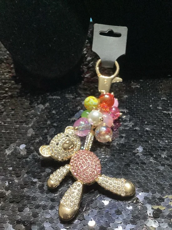 Rare Unique Gold Teddy Bag Charm with Pink and Multicolor Beads