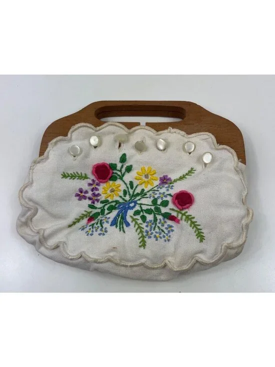 Vintage Embroidered Clutch CHILD Purse Hand Embroidered Floral Wooden Handle