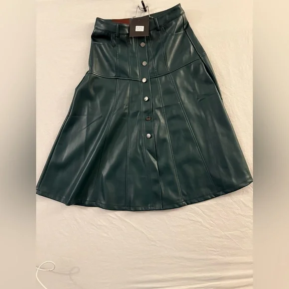 Marc New York Faux Leather Button Front Midi Skirt‎ Deep Green NWT Womens 4