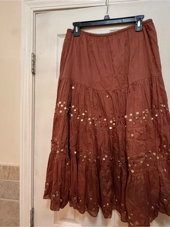 Boho Sequin Tiered Maxi Skirt in Rust
