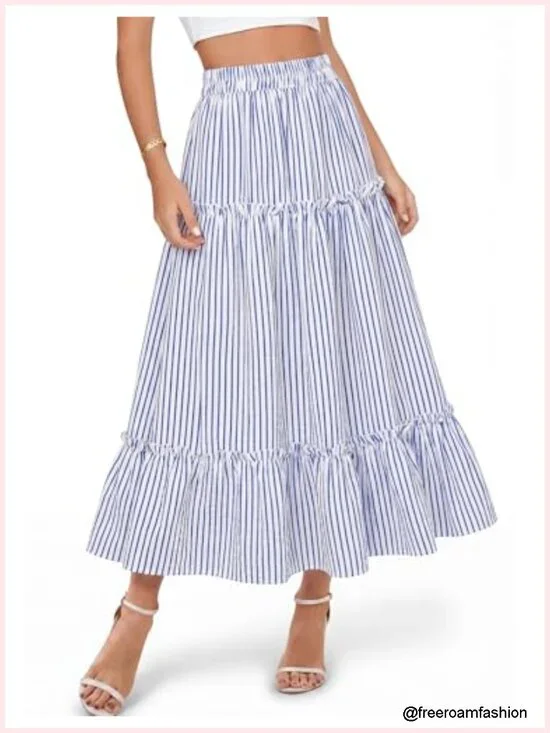 Flowy High Waist Striped Midi Skirt with Pockets
