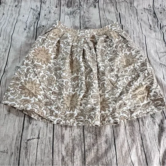 Talbots Cream and Brown Floral A-Line Cotton Skirt Size 8