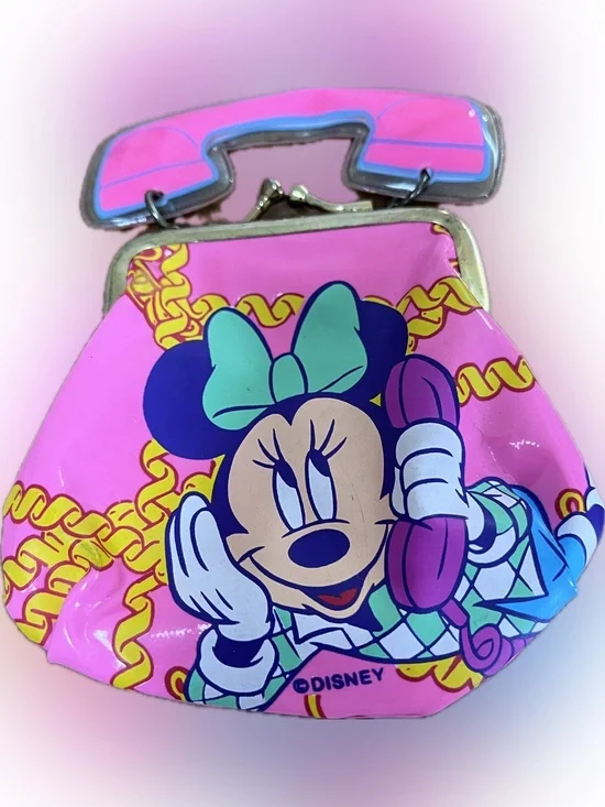 Vintage Minnie Mouse Phone Coin Purse 80s/90s Pink Gold Kiss Lock Disney