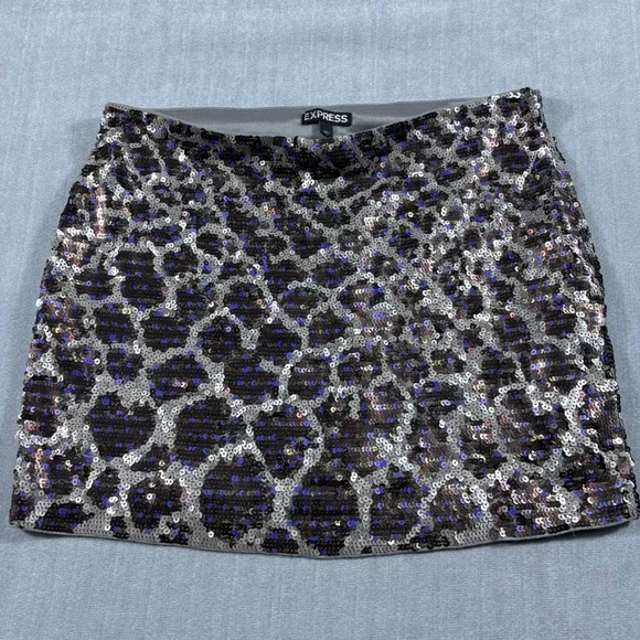Express Skirt Women S Grey Leopard Sequin Mini Party Glam Side‎ Zip