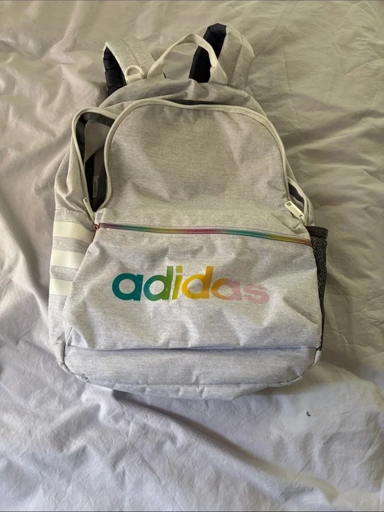 adidas Light Gray Backpack with Rainbow Logo and Zipper