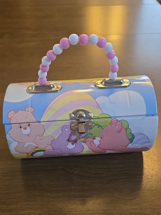 Care Bears Pink White Beaded Handle Kids Bag with Rainbow Print