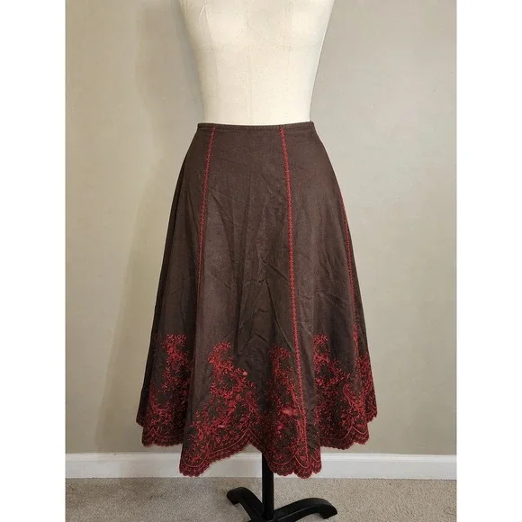 Signature by Robbie Bee Skirt 20W Brown Red Embroidered A Line Midi Plus Size...