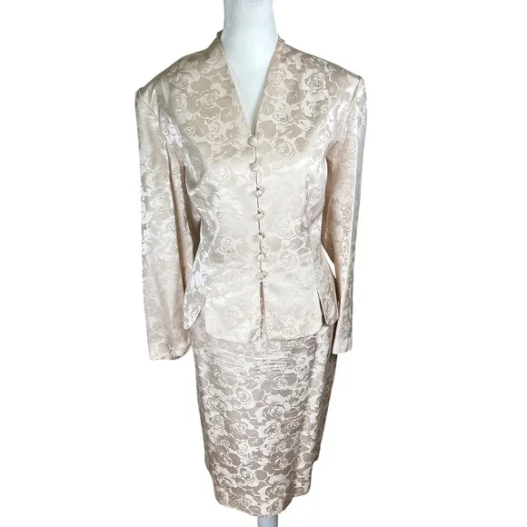 Papell Petites Womens Pink Champagne 100% Silk Floral Jacquard Skirt Suit Set 14