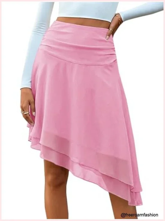 Midi Skirt Mesh Ruched Asymmetrical High Waisted Tiered Loose Flowy Long Skirts