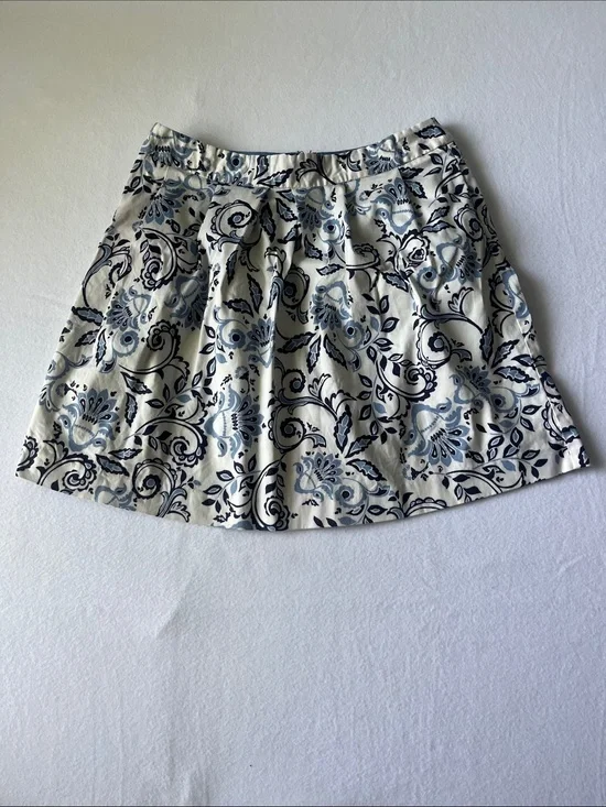 LOFT Ivory Skirt with Navy Floral Scroll Print
