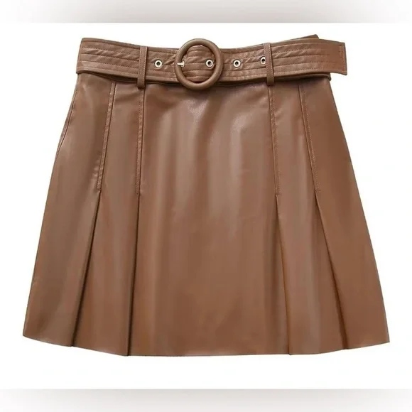 ZARA ChocoBrown Faux Leather Pleated Mini Skirt with Belt