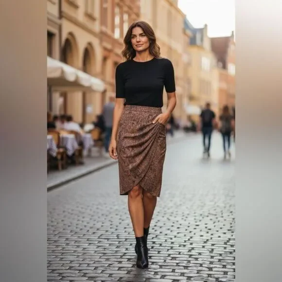 NWT Open Edit Women’s Brown Micro Black Print Faux Wrap Knee Length Skirt - XS
