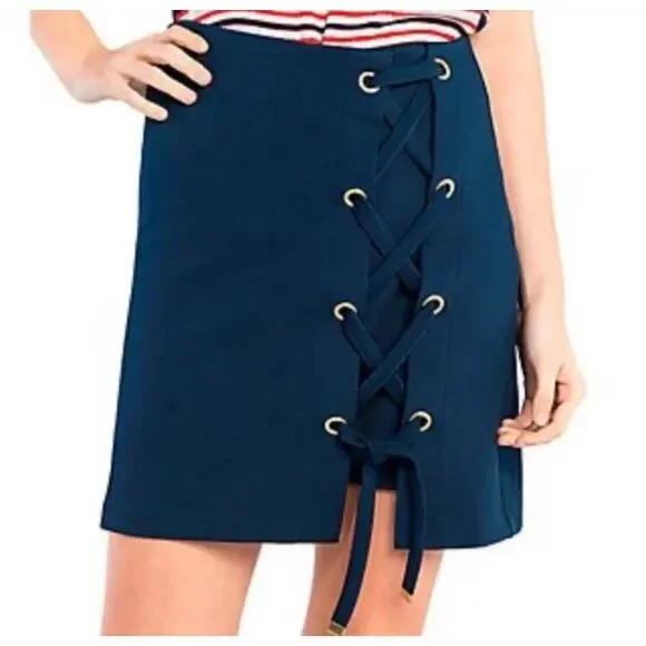 Kensie Women’s Navy Lace-Up Mini Skirt Gold Grommet Textured Back Zip XS