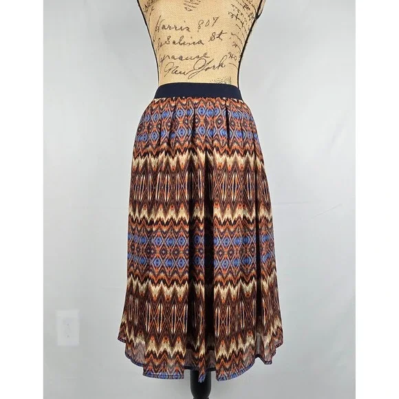 Ruby‎ Rd Feather Report Ikat Chevron Midi Skirt Navy Orange Camel Size 10 NWT