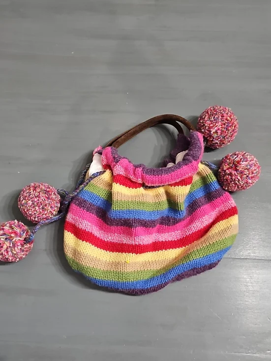 Rainbow Stripe Pom-Pom Knit Handbag - Multicolor