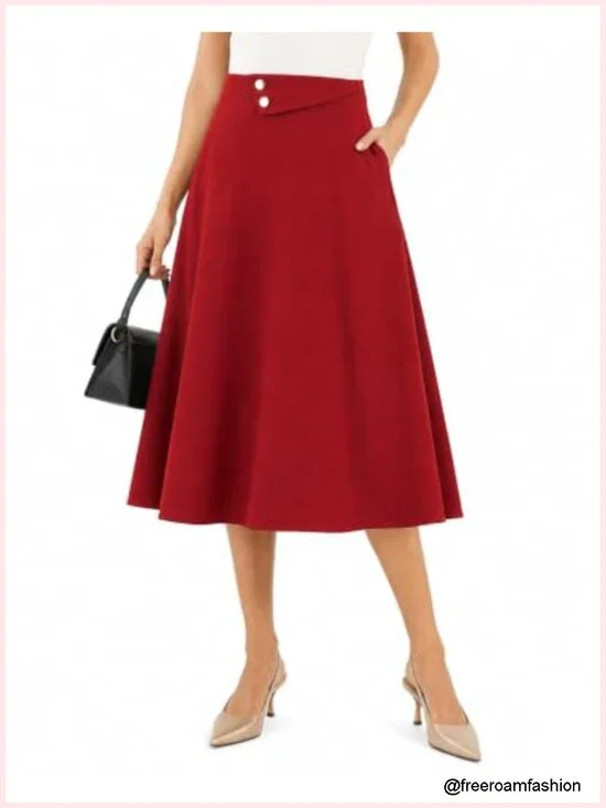Women's High Waisted Midi Skirt with Pockets A-Line Elastic Waist Flare Skirt