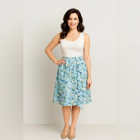 NEW Ted Baker Women's Elastic Waistband Blue Floral Ruffle Skirt Size Medium M