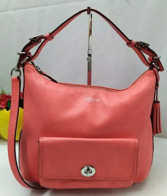 Coach Courtenay Coral Pink Leather Turnlock Pocket Tassel Hobo Shoulder Bag
