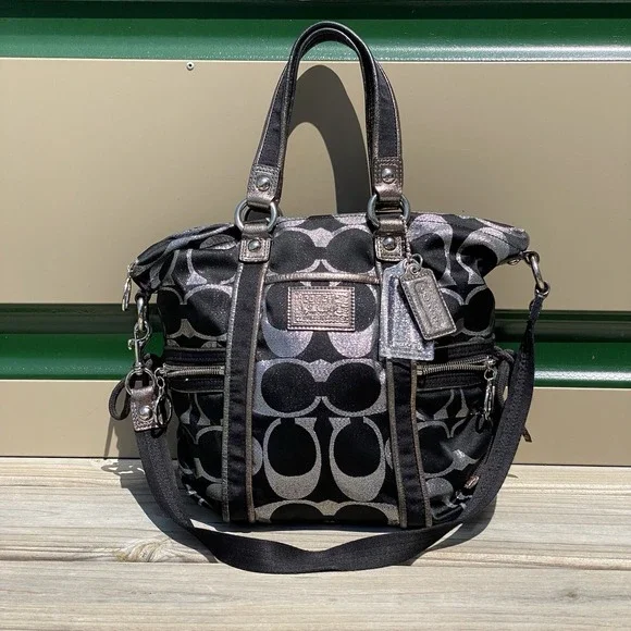 Coach Poppy Signature Spotlight Pocket Tote Black Silver Metallic Satchel 14434