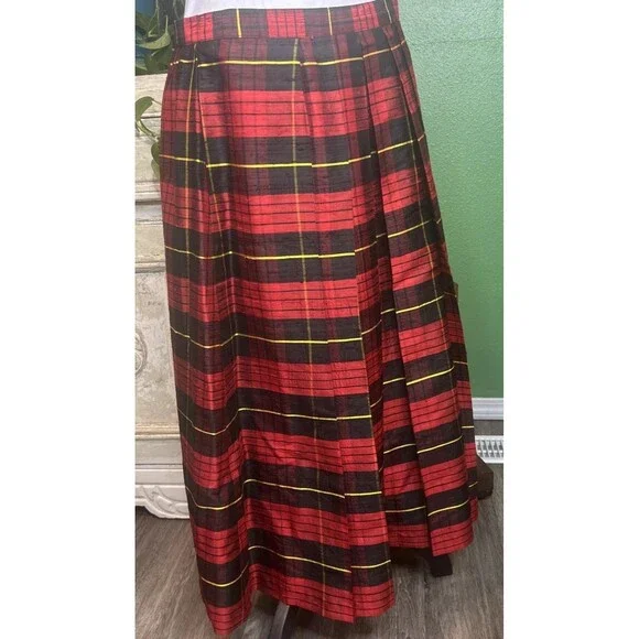 Vintage Tartan Plaid Maxi Raw Silk Texture Skirt Size 14 Holiday Formal Preppy