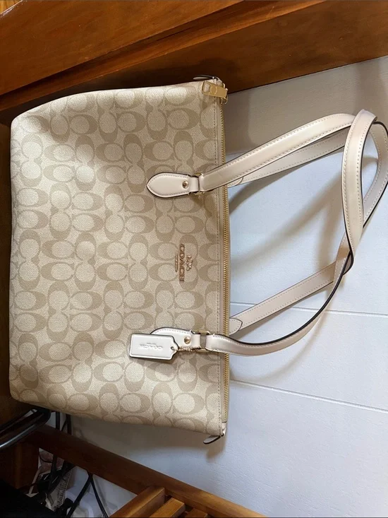 Coach Beige Chalk Signature Canvas Tote with Leather Trim