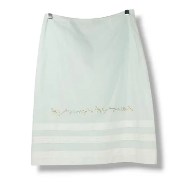 Express Embroidered Floral Border Lined Cotton A Line Skirt Light Blue White 3/4
