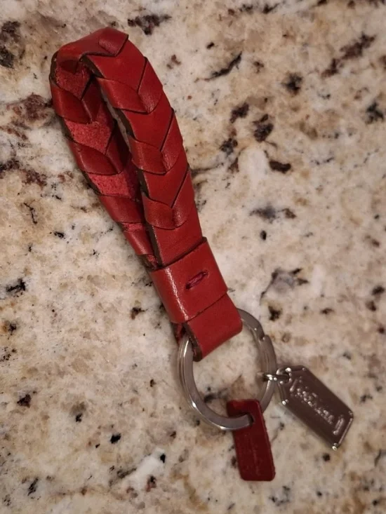 COACH GENUINE LEATHER BRAIDED KEY RING FOB, RICH BROWN, SILVER ACCENTS 🇹🇷