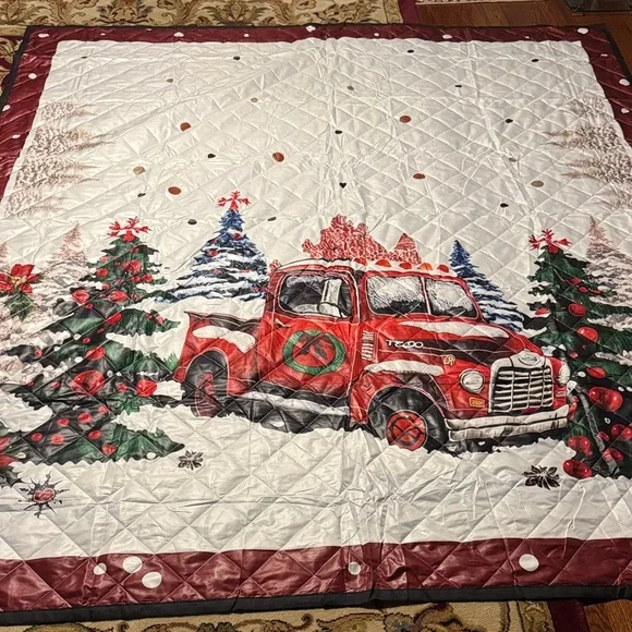 Quilted Christmas Blanket Red Truck Holiday Throw Large 91x102 Farmhouse Style