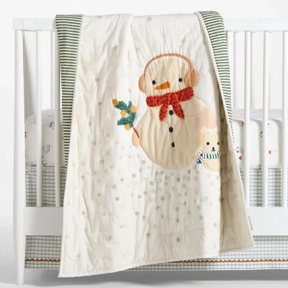 NWT Crate and Barrel Kids Snowman Baby Toddler Quilt with Green Stripe Accent