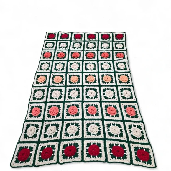 Handmade Crochet Knit Throw Granny Blanket 3D Afghan Roses Square Floral Cottage