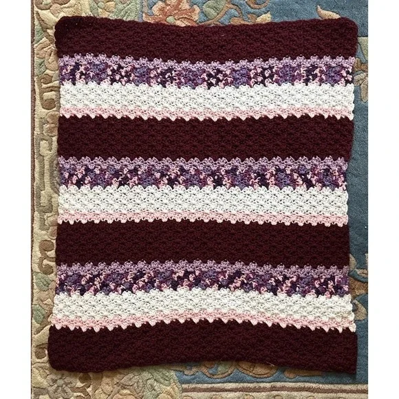 Handmade Crochet Pink Red Purple Stripe Lap Blanket 32