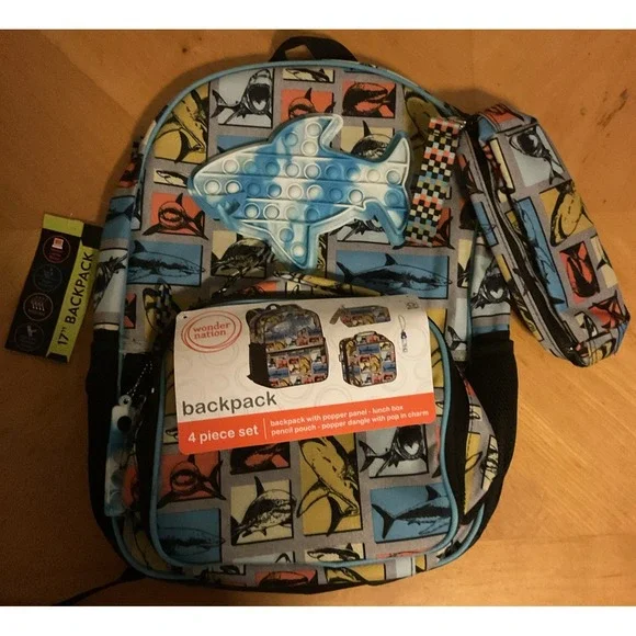 Wonder Nation 4 Pc 17 in Shark Pop It Back Pack With lunch Box,‎ Pencil Case NWT