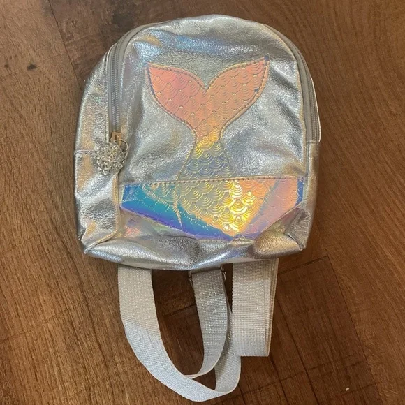 NWT holographic mini kids backpack mermaid seashell silver pink fin