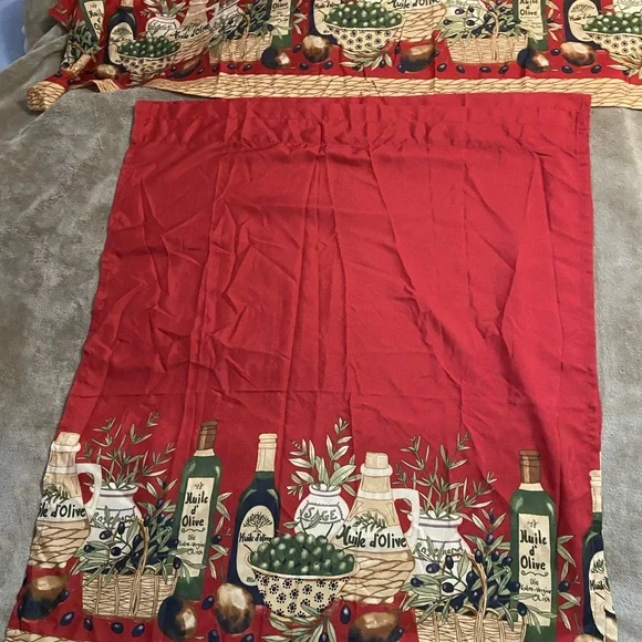 Olive Oil Themed Red kitchen curtain set tiers valance